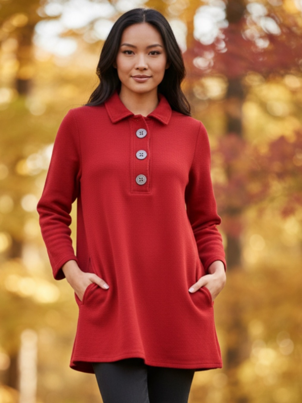 Soft Surroundings Take Two Tunic Shirt Top Sz 1X 16 18 Red Waffle Knit Pockets